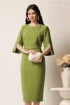Rochie midi verde fistic din stofa conica cu perle la maneci si in talie- LaDonna