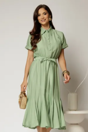 Rochie midi verde fistic din viscoza in clos cu nasturi si cordon