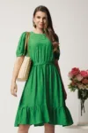 Rochie midi verde in clos din viscoza cu volan la baza- Moze