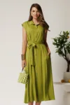 Rochie midi verde lime din viscoza cu nasturi si cordon