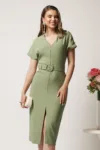 Rochie midi verde maslina conica cu nasturi pe umeri si curea in talie
