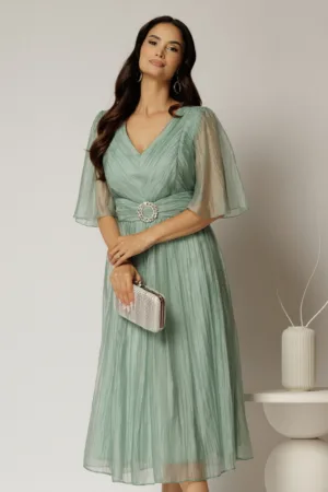 Rochie midi verde menta de ocazie din matase sintetica creponata