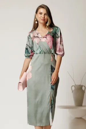 Rochie midi verde mint conica din satin cu imprimeuri floral roz