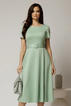 Rochie midi verde mint cu maneca scurta si curea in talie cu adaos de viscoza