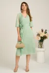 Rochie midi verde mint din voal in clos cu insertii din fir lurex si floare in talie-Viada