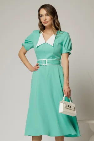 Rochie midi verde turcoaz cu guler alb in contrast si cordon cu insertii