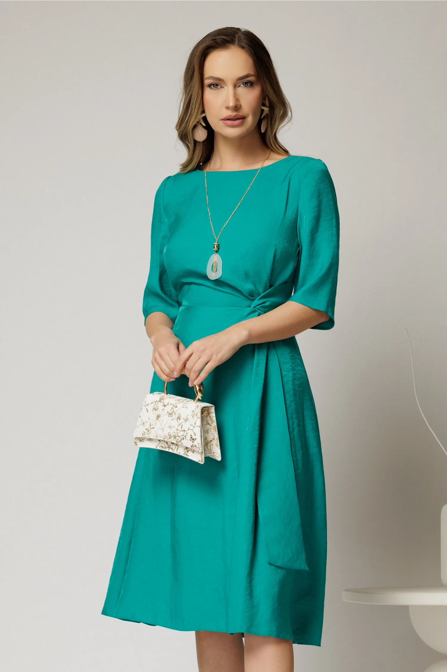 Rochie midi verde turcoaz de zi cu nod pe talie