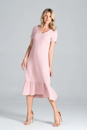 Rochie midi - volane - roz - muselina - bumbac