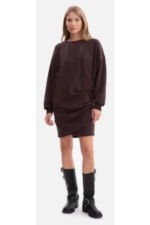 Rochie mini - B298 Ciocolata neagra tricot - decolteu rotund - maneci lungi - bumbac - croiala lejera - mulata la solduri