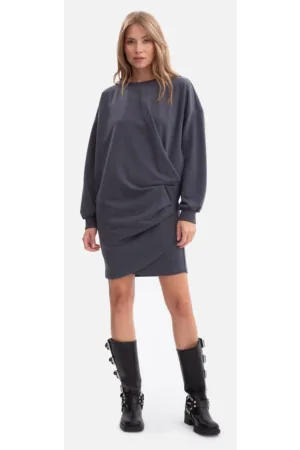 Rochie mini - B298 Gri tricot - decolteu rotund - maneci lungi - bumbac - croiala lejera - mulata la solduri