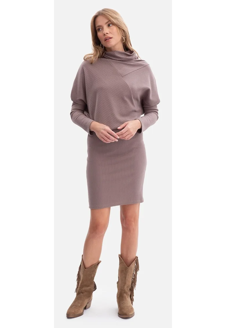 Rochie mini - B309 Cacao tricot - fara inchizatoare - top lejer - baza mulata - talie inalta - maneci lungi - cu guler