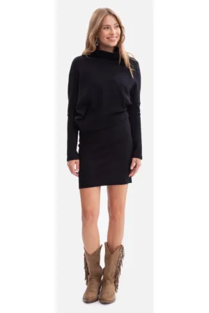 Rochie mini - B309 negru tricot - fara inchizatoare - top lejer - baza mulata - talie inalta - maneci lungi - cu guler