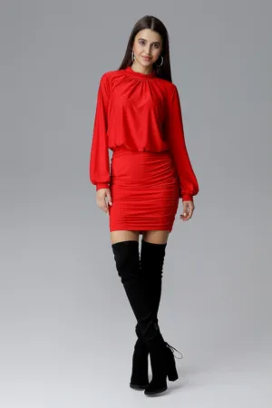 Rochie mini M635 rosie cu volane - maneci lungi - poliester si elastan -