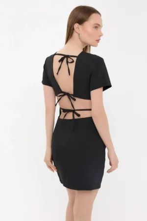 Rochie mini -  Maneca scurta - Decolteu rotund - Negru - Poliester