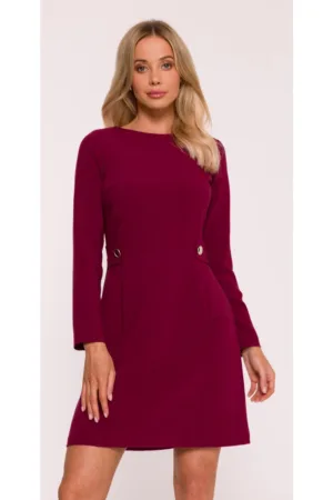 Rochie mini S419 Bordeaux maneci lungi - decolteu rotund - bretele decorative in talie cu nasturi aurii - - material neted cu finisaj moale - inchidere cu fermoar la spate