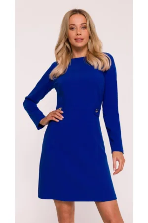 Rochie mini S419 albastru maneci lungi - decolteu rotund - nasturi decorativi - material neted cu finisaj moale - inchidere cu fermoar la spate