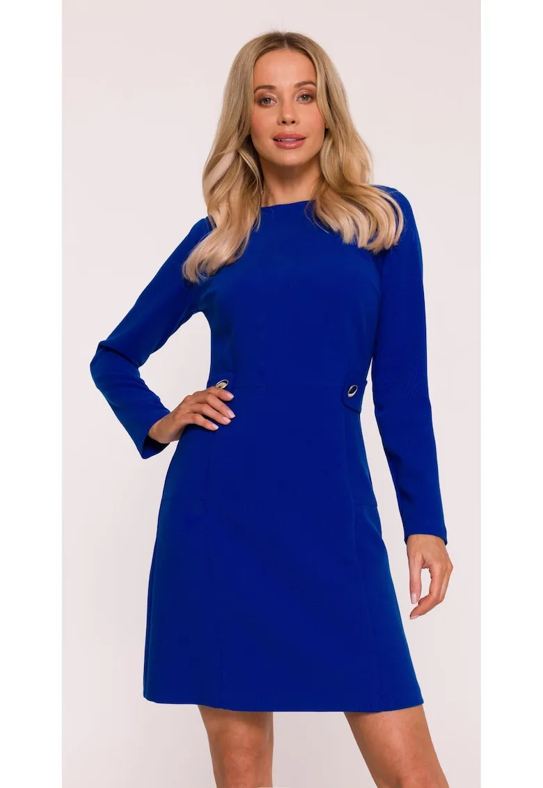 Rochie mini S419 albastru maneci lungi - decolteu rotund - nasturi decorativi - material neted cu finisaj moale - inchidere cu fermoar la spate