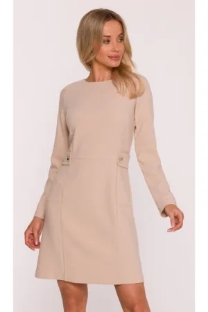 Rochie mini S419 bej maneci lungi - decolteu rotund - bretele decorative in talie cu nasturi aurii - material neted cu finisaj moale - Inchizatoare cu fermoar la spate