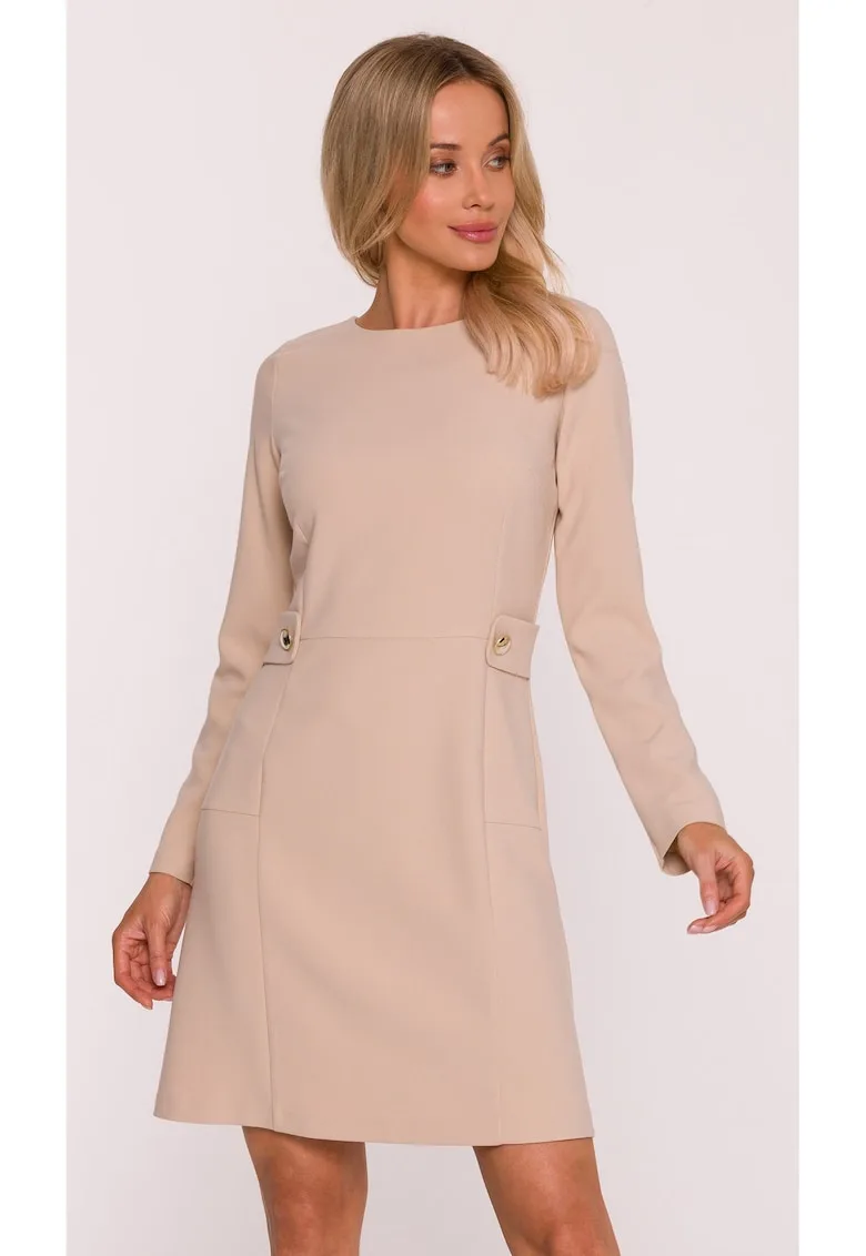 Rochie mini S419 bej maneci lungi - decolteu rotund - bretele decorative in talie cu nasturi aurii - material neted cu finisaj moale - Inchizatoare cu fermoar la spate