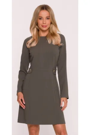 Rochie mini S419 kaki maneci lungi - decolteu rotund - bretele decorative in talie cu nasturi aurii - material neted cu finisaj moale - cu fermoar la spate