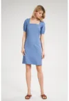 Rochie mini -  albastra - decolteu patrat - maneci scurte - poliester