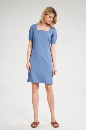 Rochie mini - albastra - decolteu patrat - maneci scurte - poliester