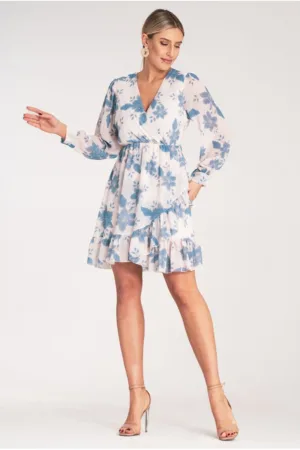 Rochie mini - albastra - volane - poliester -