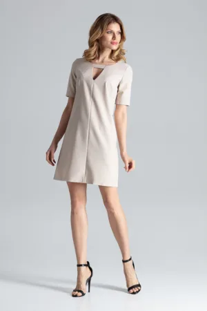 Rochie mini bej - eleganta - decolteu decupat - poliester
