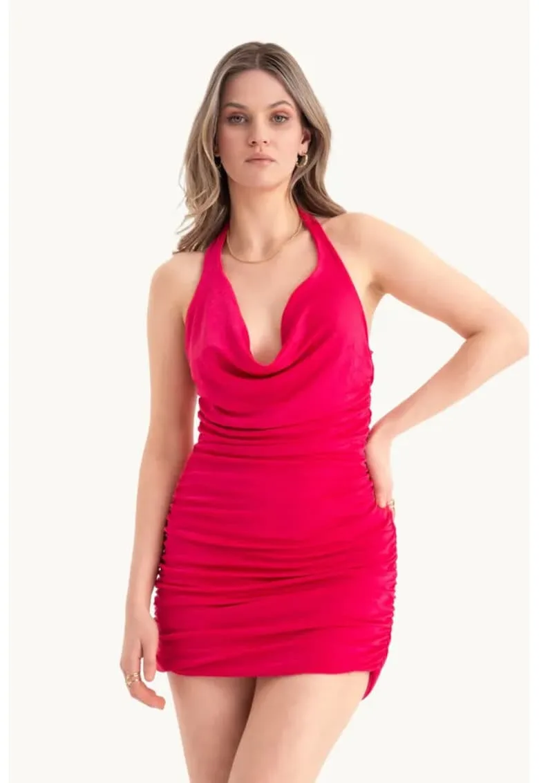 Rochie mini bodycon - decolteu adanc - volane - rosie - jerseu