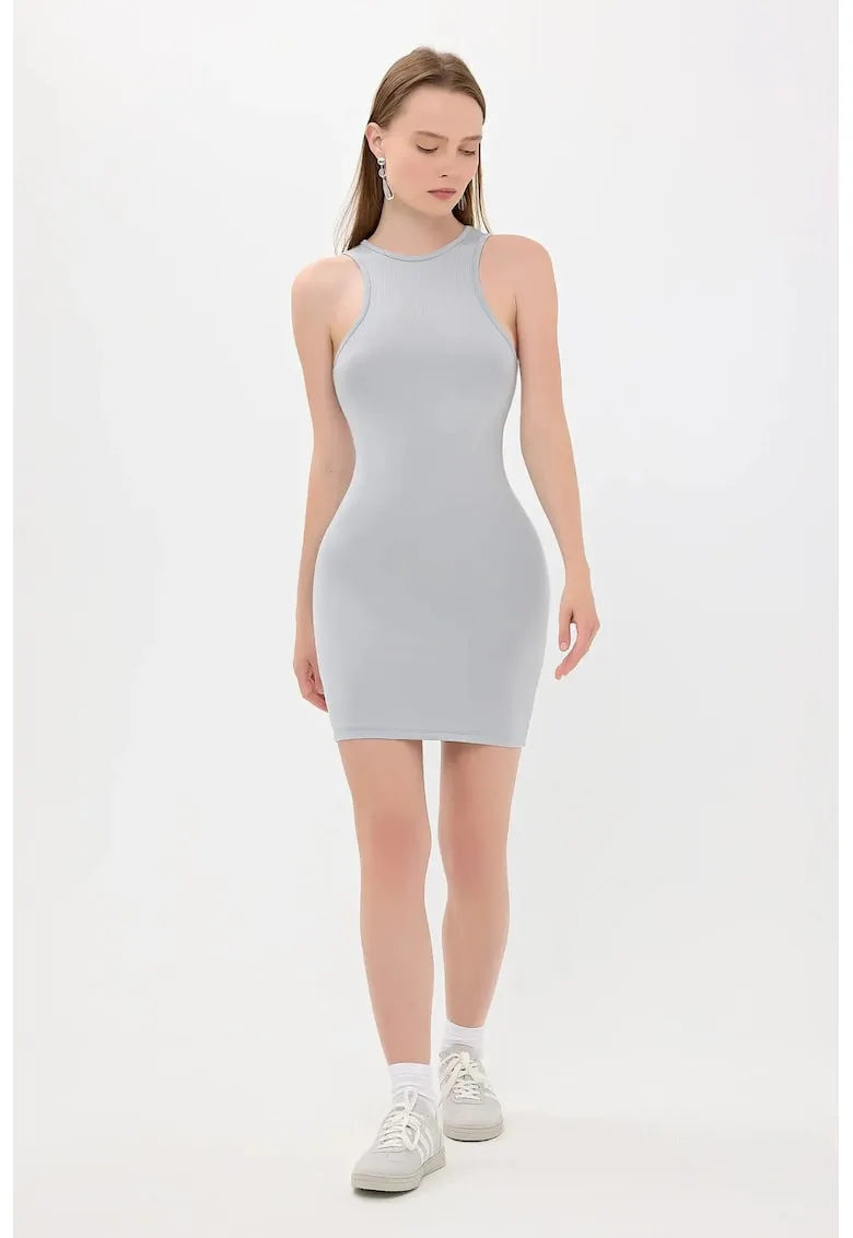 Rochie mini bodycon - decolteu halter - fara maneci - gri - textil