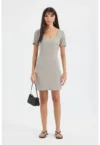Rochie mini -  bodycon - maneca scurta - decolteu patrat - gri - textil