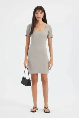 Rochie mini -  bodycon - maneca scurta - decolteu patrat - gri - textil