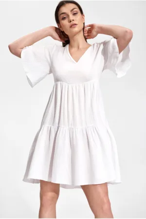 Rochie mini bumbac 100% - alb - croi evazat - maneci scurte -