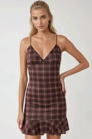 Rochie mini -  carouri - decolteu inima - maro - textil