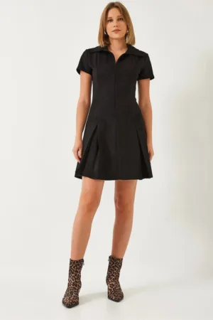 Rochie mini -  catifea - pompon - guler camasa - negru - poliester-elastan -