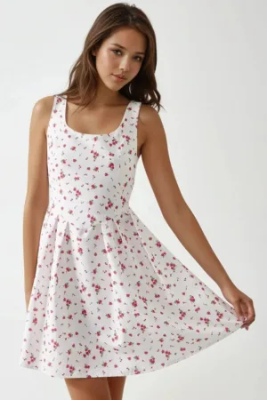 Rochie mini -  croiala in forma de A - guler rotund - imprimeu floral - alba - textil