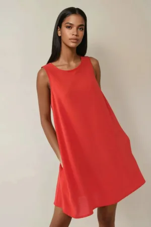 Rochie mini -  croiala in forma de A - guler rotund - portocalie - bumbac