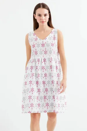 Rochie mini  cu broderie florala - decolteu in V - poliester-bumbac - Alb -