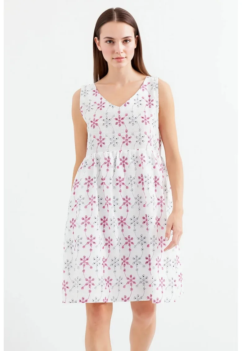 Rochie mini cu broderie florala - decolteu in V - poliester-bumbac - Alb -