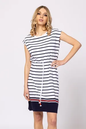 Rochie mini cu cordon in talie Venla - Alb - Bleumarin -