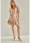 Rochie mini  cu decolteu in V - bej - poliester-bumbac