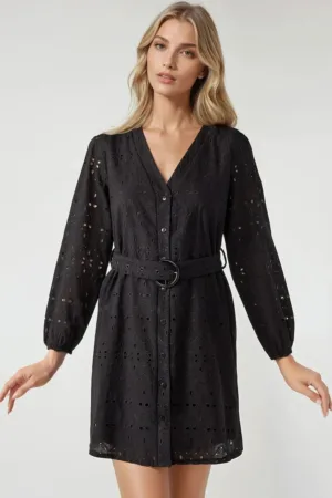 Rochie mini -  cu decolteu in V - maneci lungi - neagra - bumbac