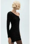 Rochie mini cu decolteu pe un umar si strasuri