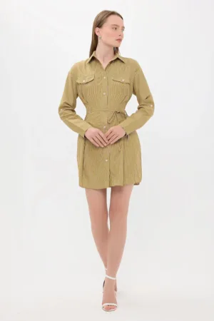 Rochie mini -  cu dungi - detalii cu nasturi - verde - tesatura