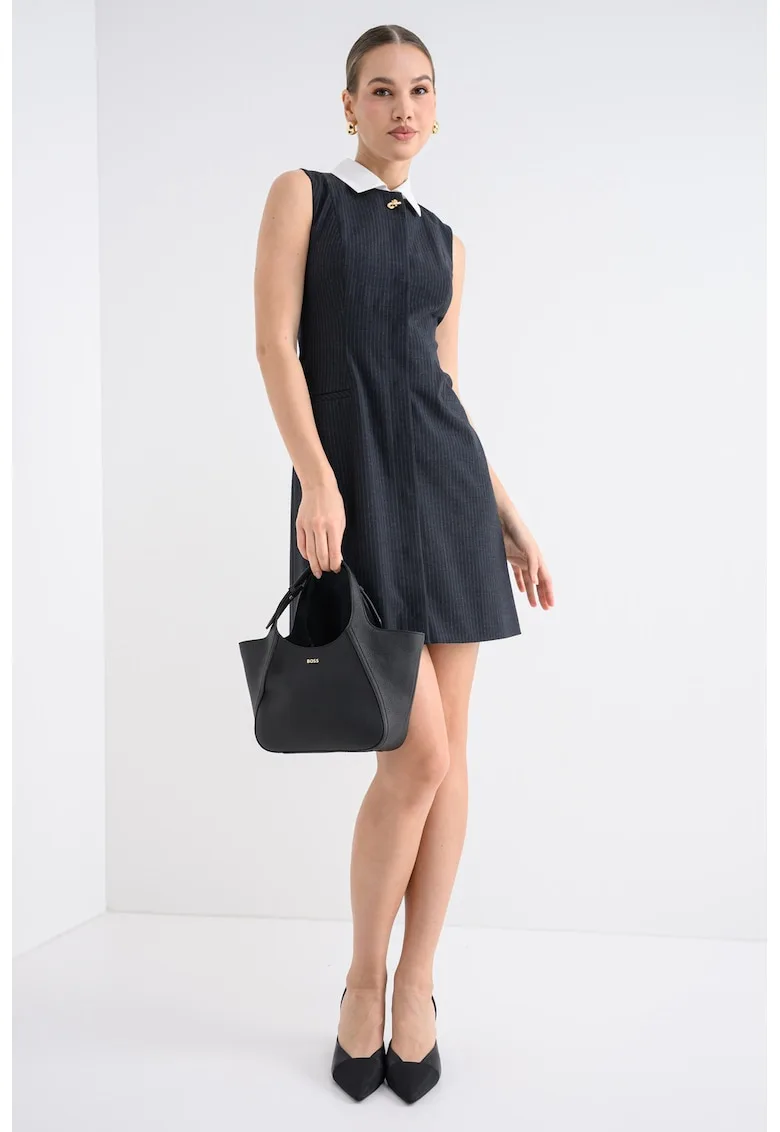 Rochie mini cu dungi discrete si guler de blana sintetica Kaledoni