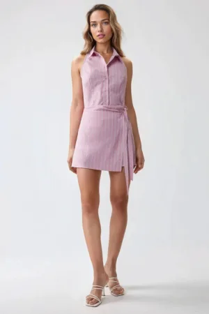 Rochie mini  cu dungi - guler camasa - roz - textil