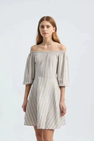 Rochie mini -  cu dungi - umeri goi - violet - textil