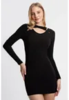 Rochie mini -  cu guler rotund - decupata - neagra - jerseu