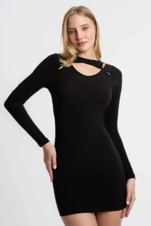 Rochie mini -  cu guler rotund - decupata - neagra - jerseu