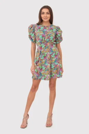 Rochie mini cu maneci Buff cu imprimeu colorat DA1763 MULTI